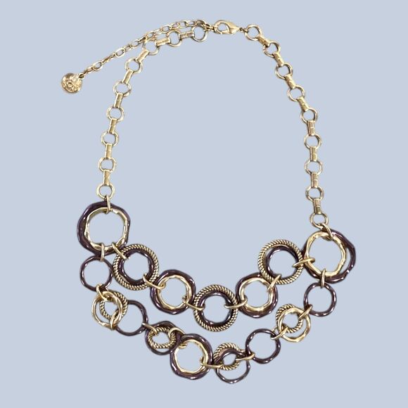 Gold Tone Purple Concentric Ring Necklace Chunky Geometric Chain Link Jewelry - Picture 1 of 8